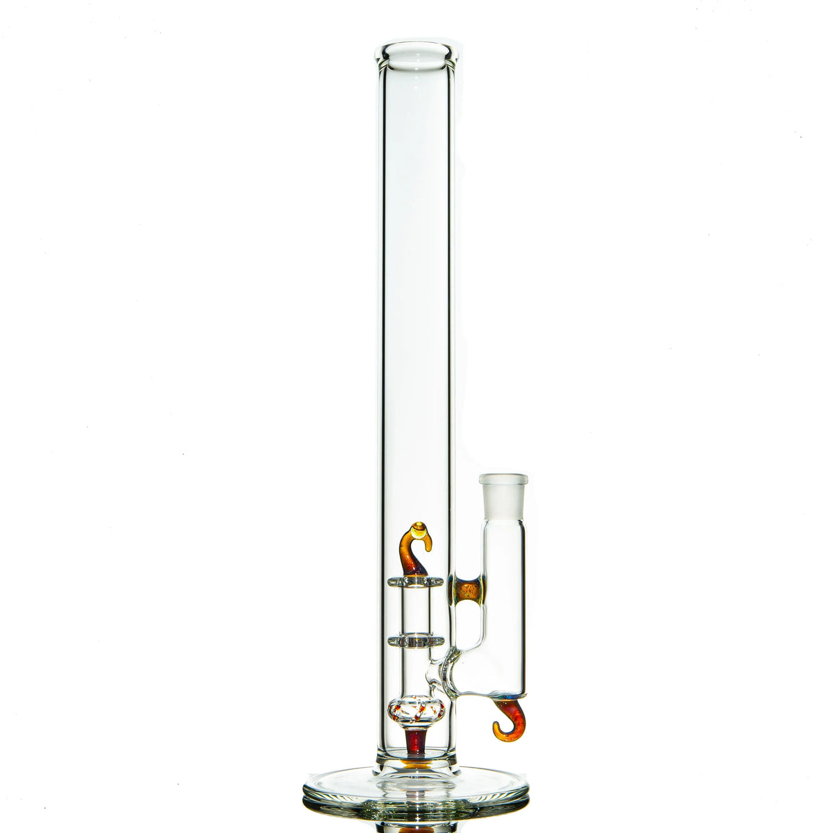 Tall clear glass bong with orange hook accents and disc percolators on a white background