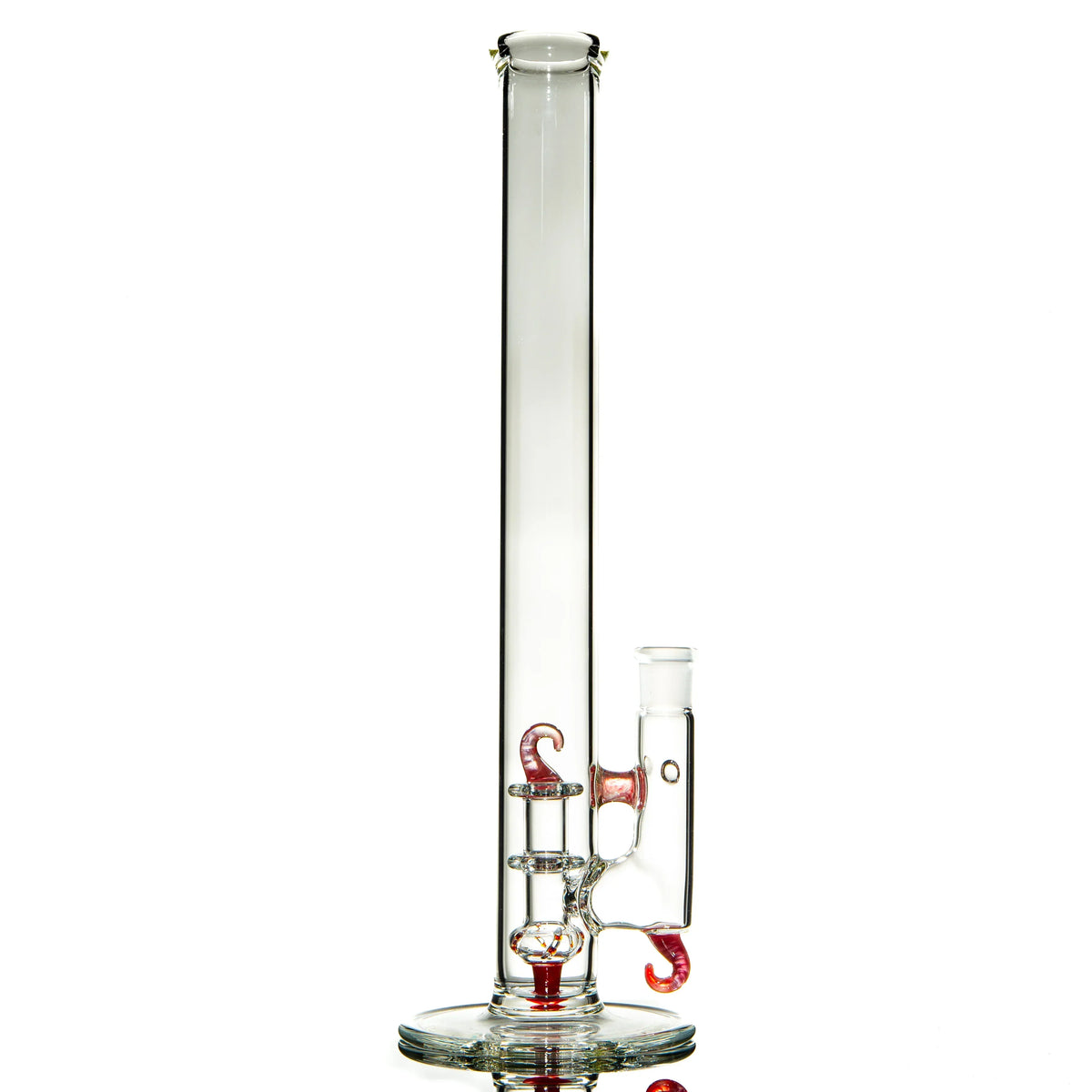 Clear glass bong with red hook accents and cylindrical percolator on white background