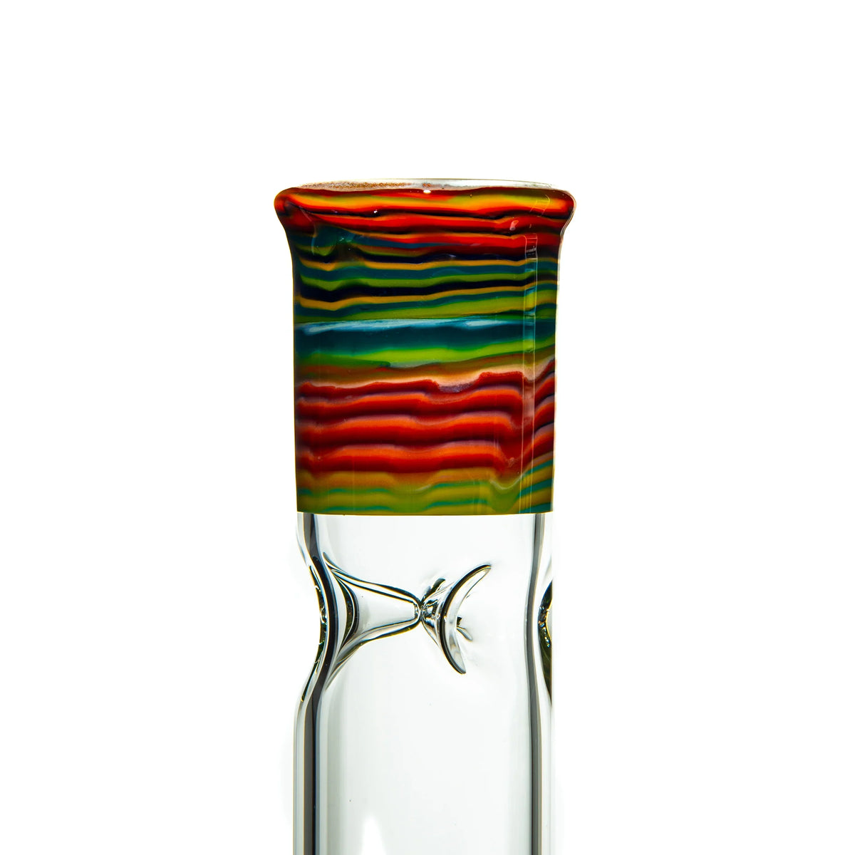 Clear glass bong with vibrant red, green, and yellow striped mouthpiece detail