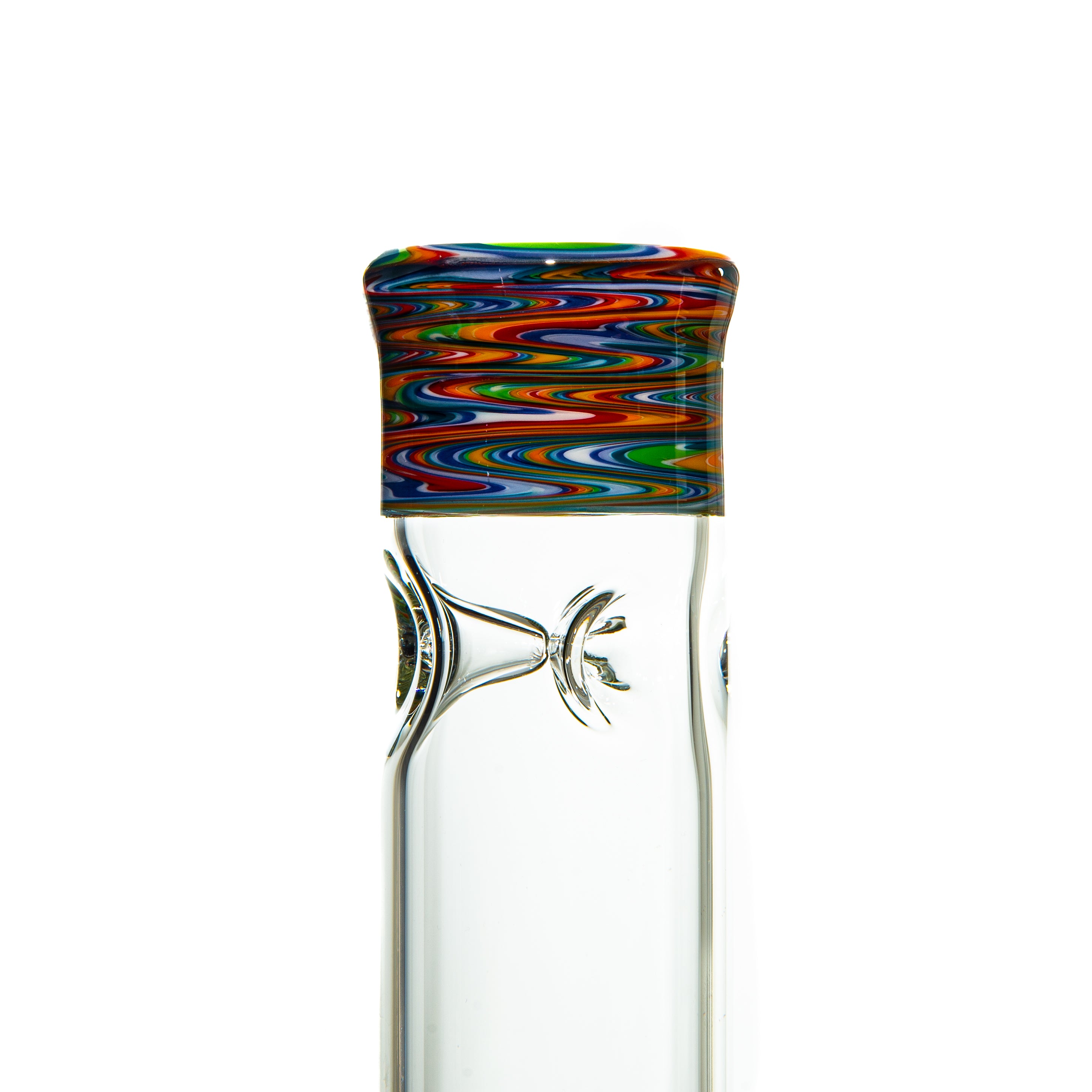 Clear glass bong neck with colorful patterned mouthpiece and decorative glass accents