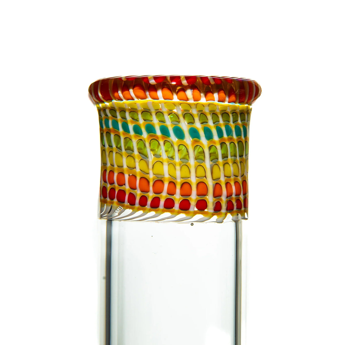Heady glass tube with intricate rainbow lattice design on mouthpiece