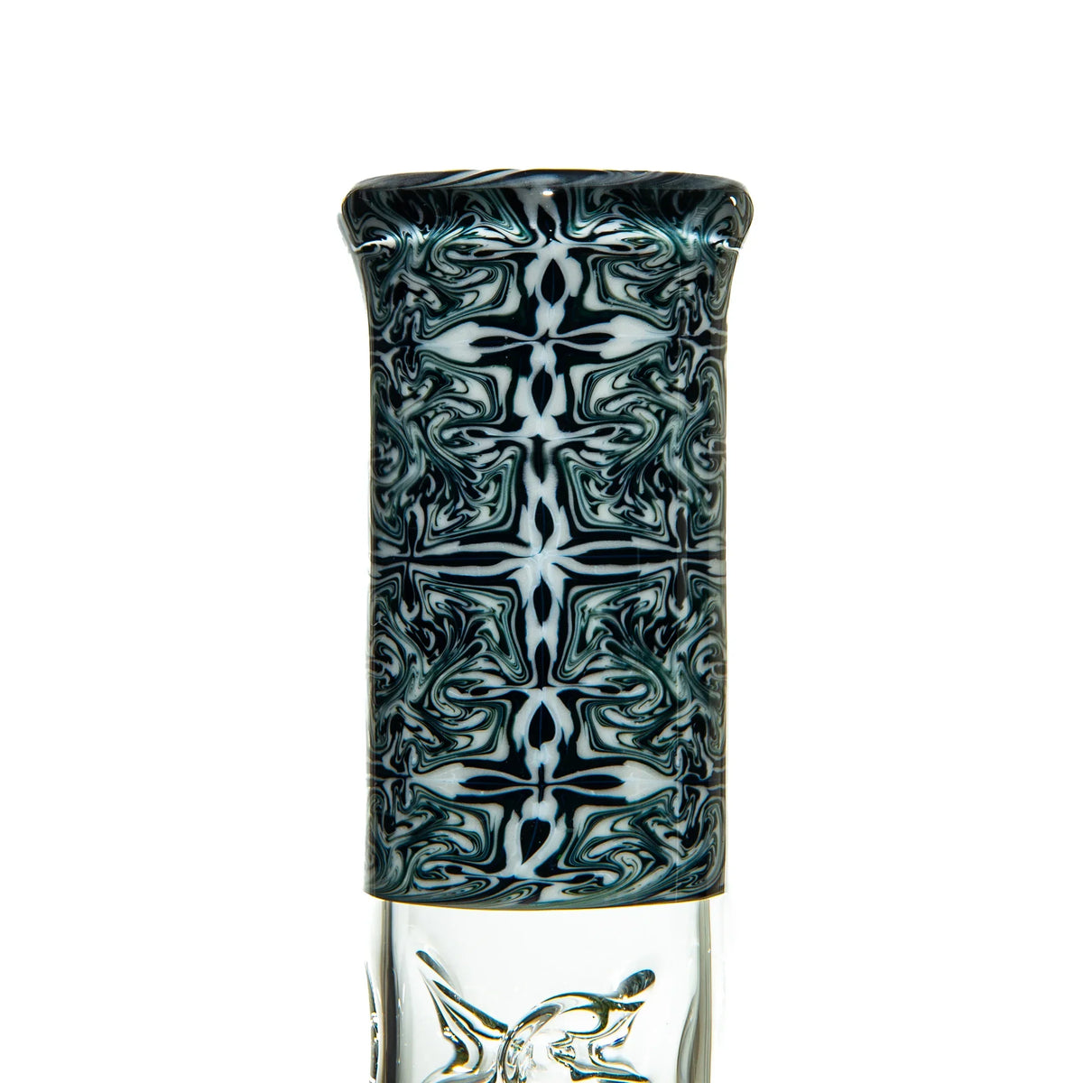 Heady glass water pipe mouthpiece with intricate black and white swirl pattern