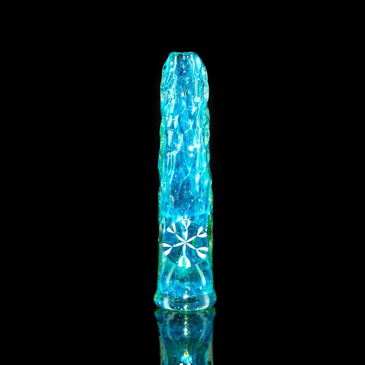 Blue glass chillum pipe with textured surface and ice pattern, displayed on black background.