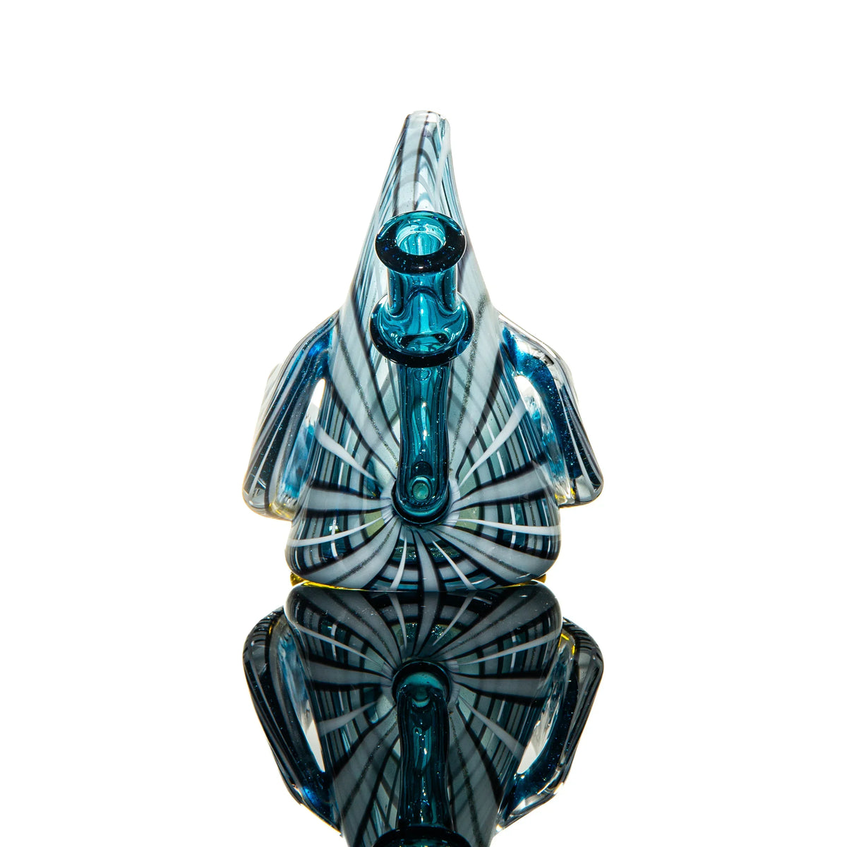 Intricate blue and white glass penguin-shaped water pipe with reflective surface