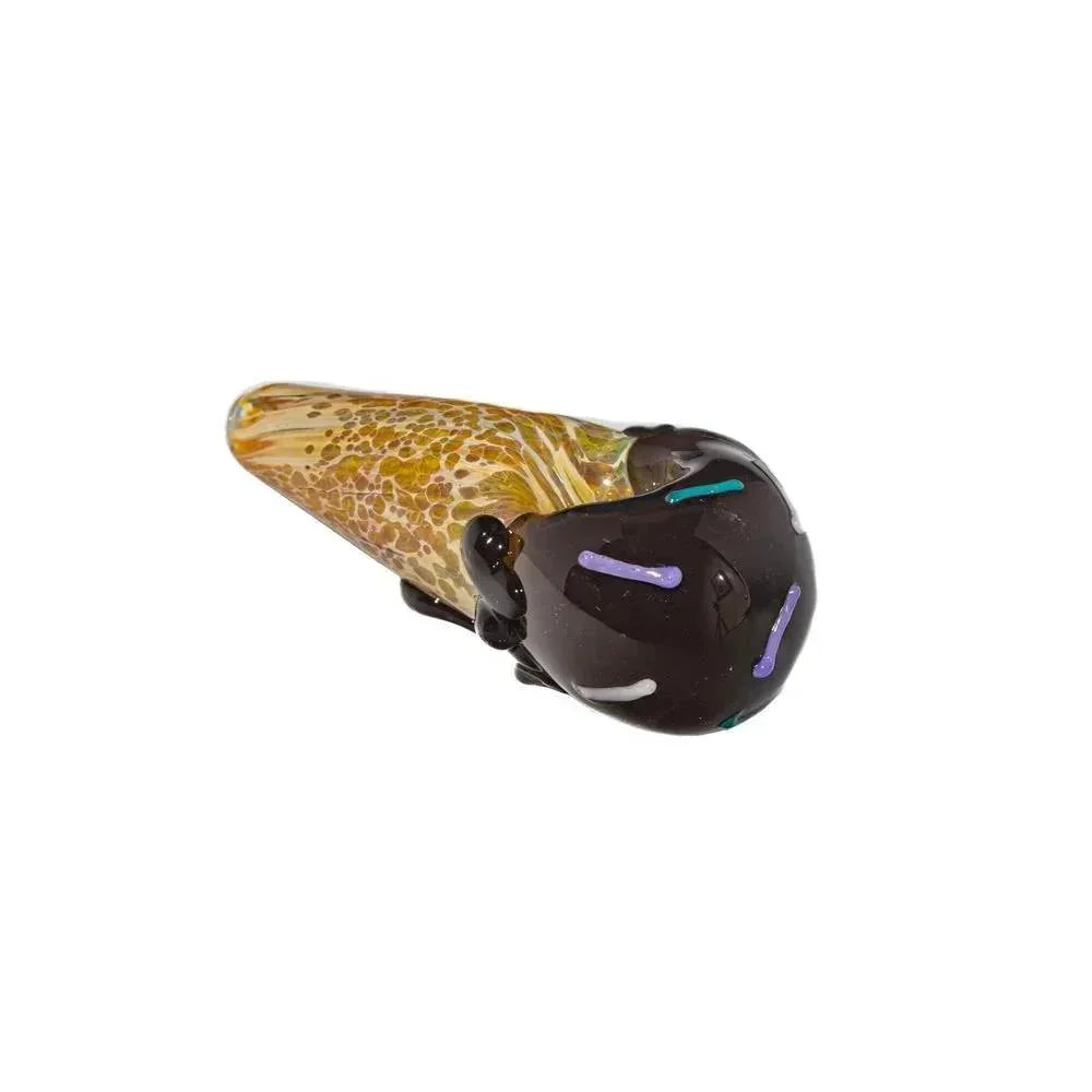 Handblown glass pipe shaped like a chocolate ice cream cone with colorful sprinkles