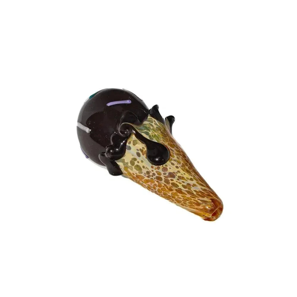Hand-blown glass pipe shaped like a chocolate ice cream cone on white background