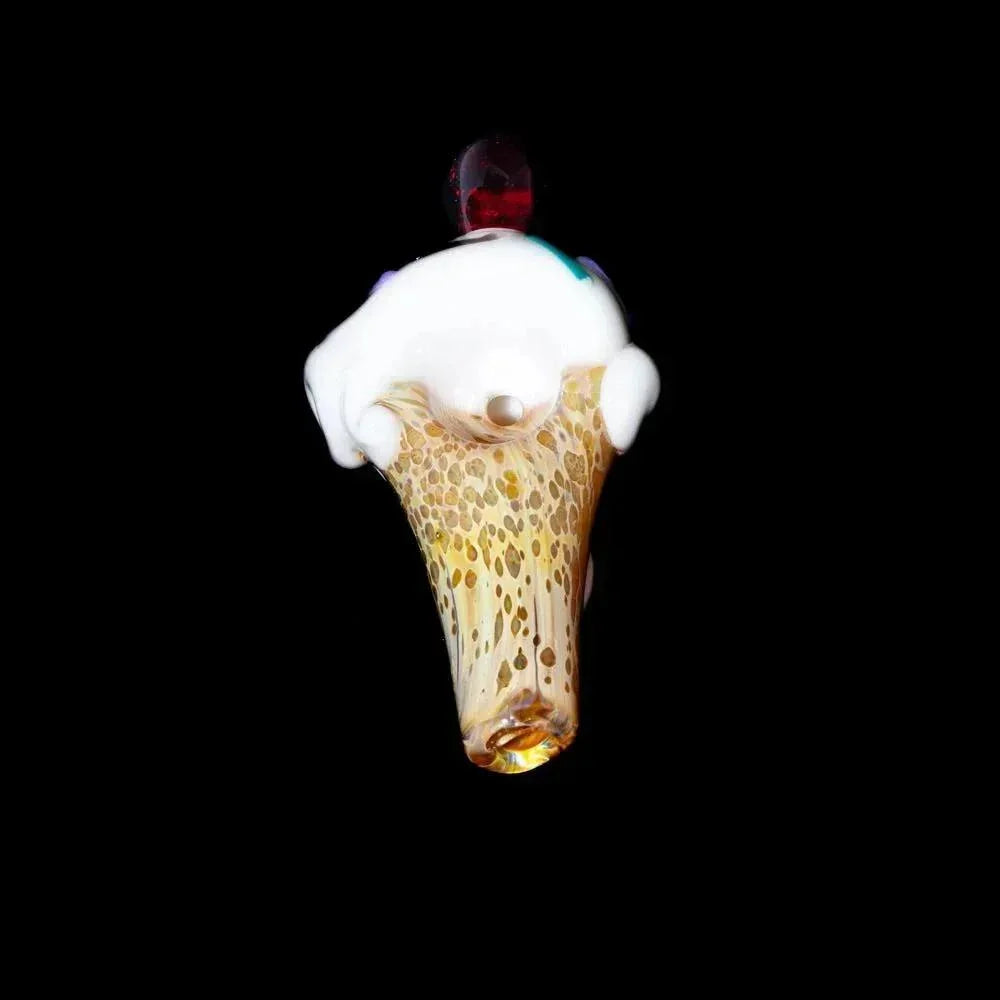 Glass pendant shaped like a vanilla ice cream cone spoon with creamy white top and dotted cone
