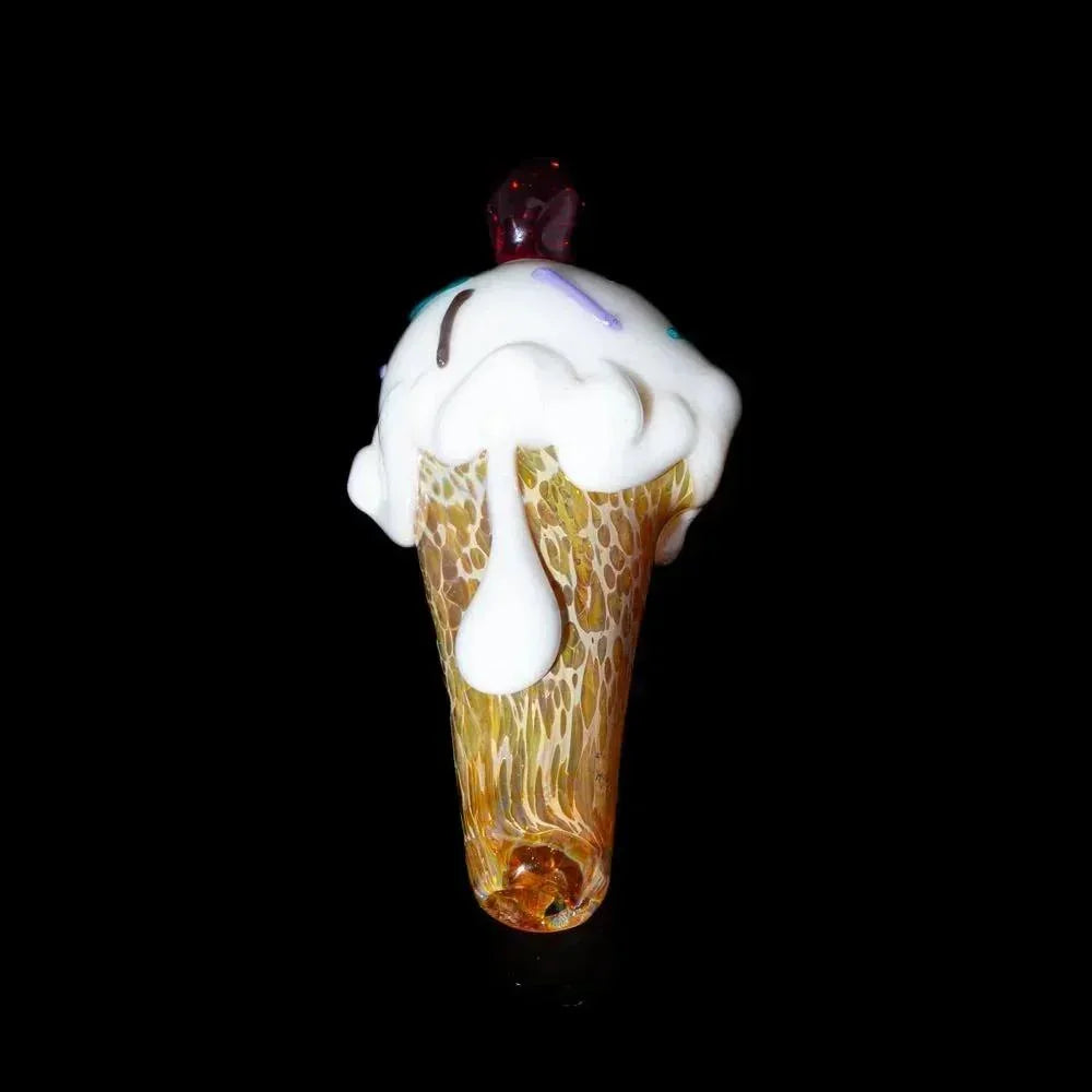 Glass ice cream cone spoon pendant with white scoop, sprinkles, and cherry design on black background