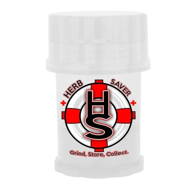 Clear Herb Saver plastic grinder and storage container with red and black logo