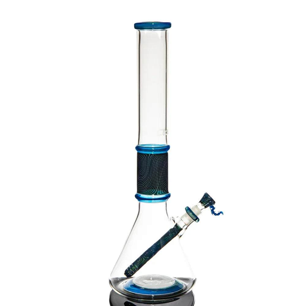 Clear glass beaker water pipe with blue accents and intricate swirling patterns on neck and downstem