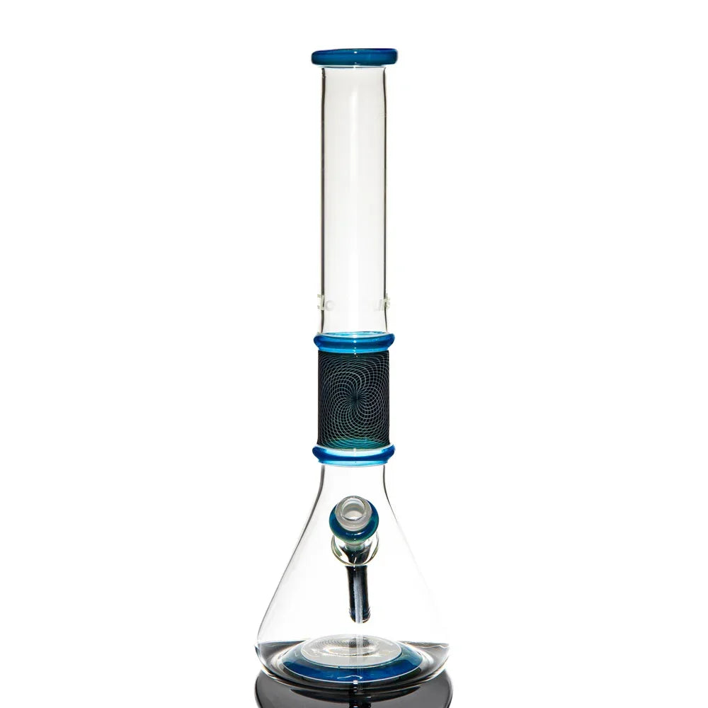 Blue and clear glass beaker water pipe with intricate worked design on neck