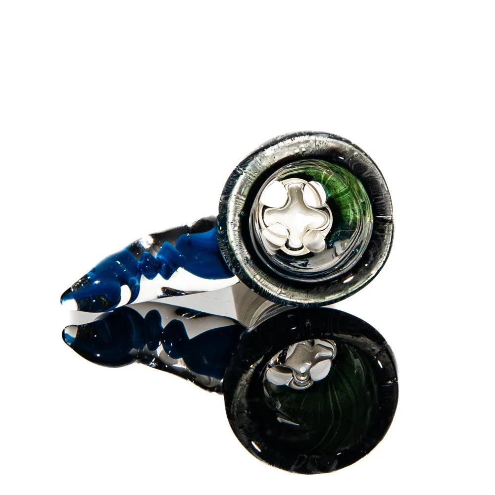 Blue and clear glass beaker pipe with worked design, unique mouthpiece and detailed accents