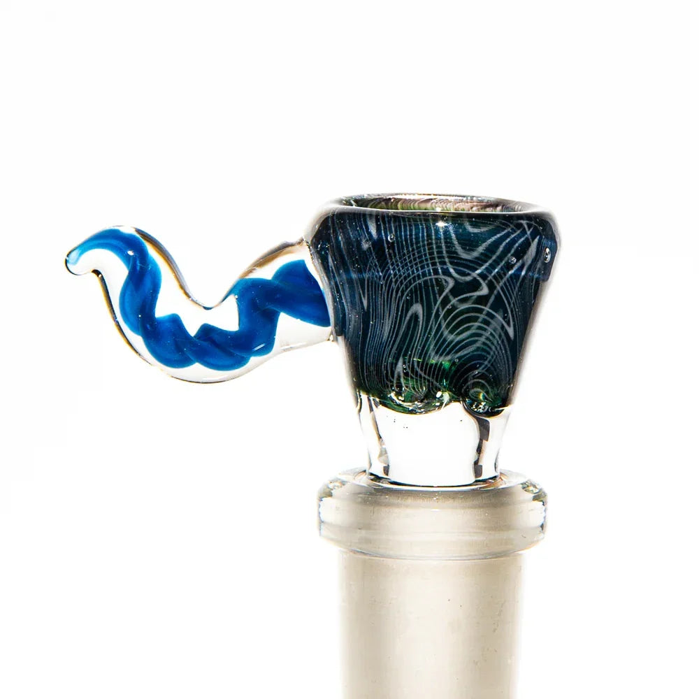 Glass bowl piece with blue swirl handle and intricate linework for water pipe