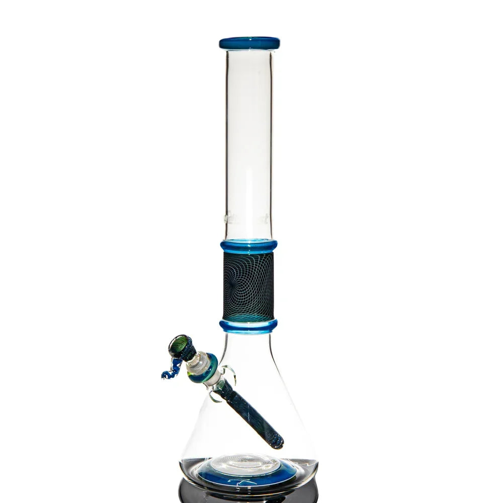 Cloudburst blue beaker glass water pipe with intricate blue accents and worked design