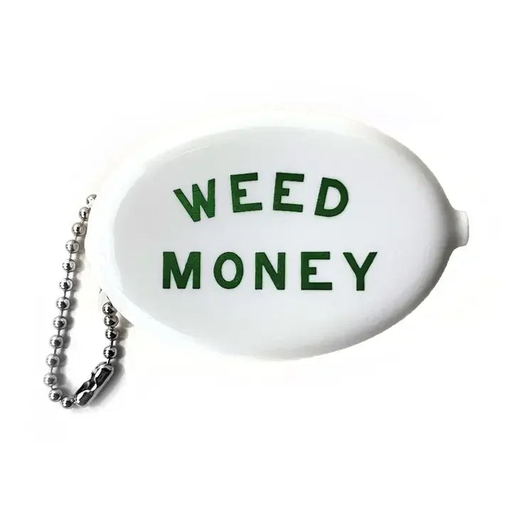 White coin pouch with green 'WEED MONEY' text and metal keychain