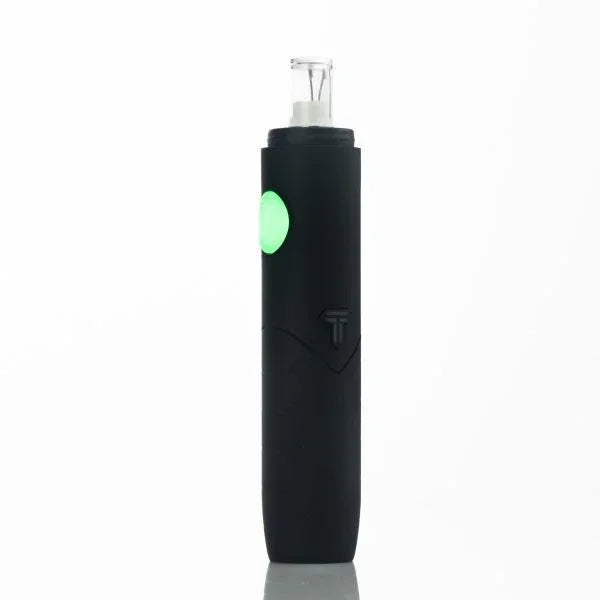Black portable vaporizer pen with green light and glass mouthpiece on white background
