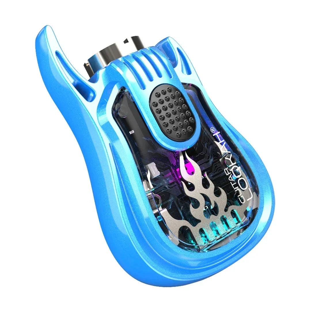 Blue guitar-shaped portable vaporizer with flame design and visible electronic components