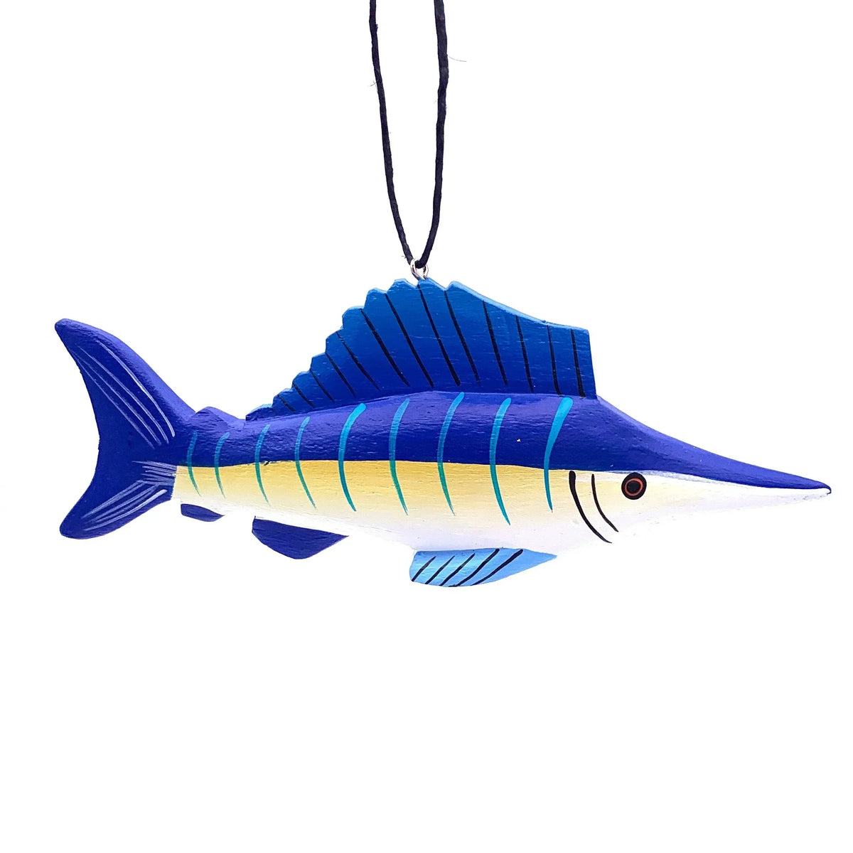 Blue and yellow marlin fish ornament with fin detail on a string against white background