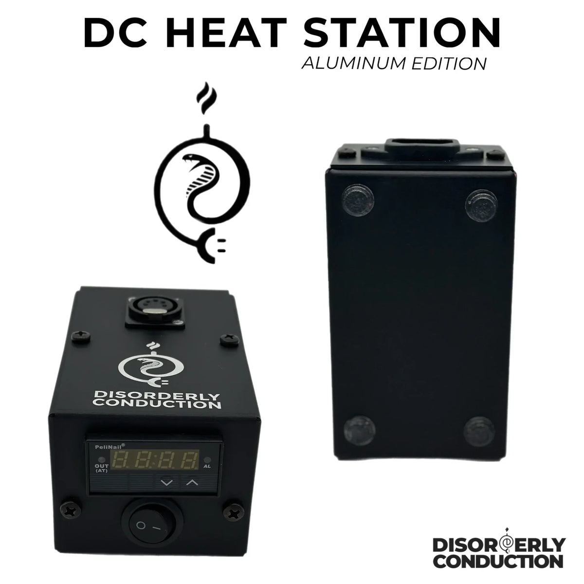 Black aluminum DC Heat Station device with digital display, plug port, and Disorderly Conduction logo.