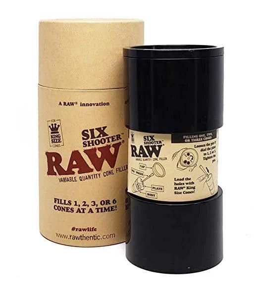 RAW Six Shooter cone filler for king size cones with packaging and instructions visible