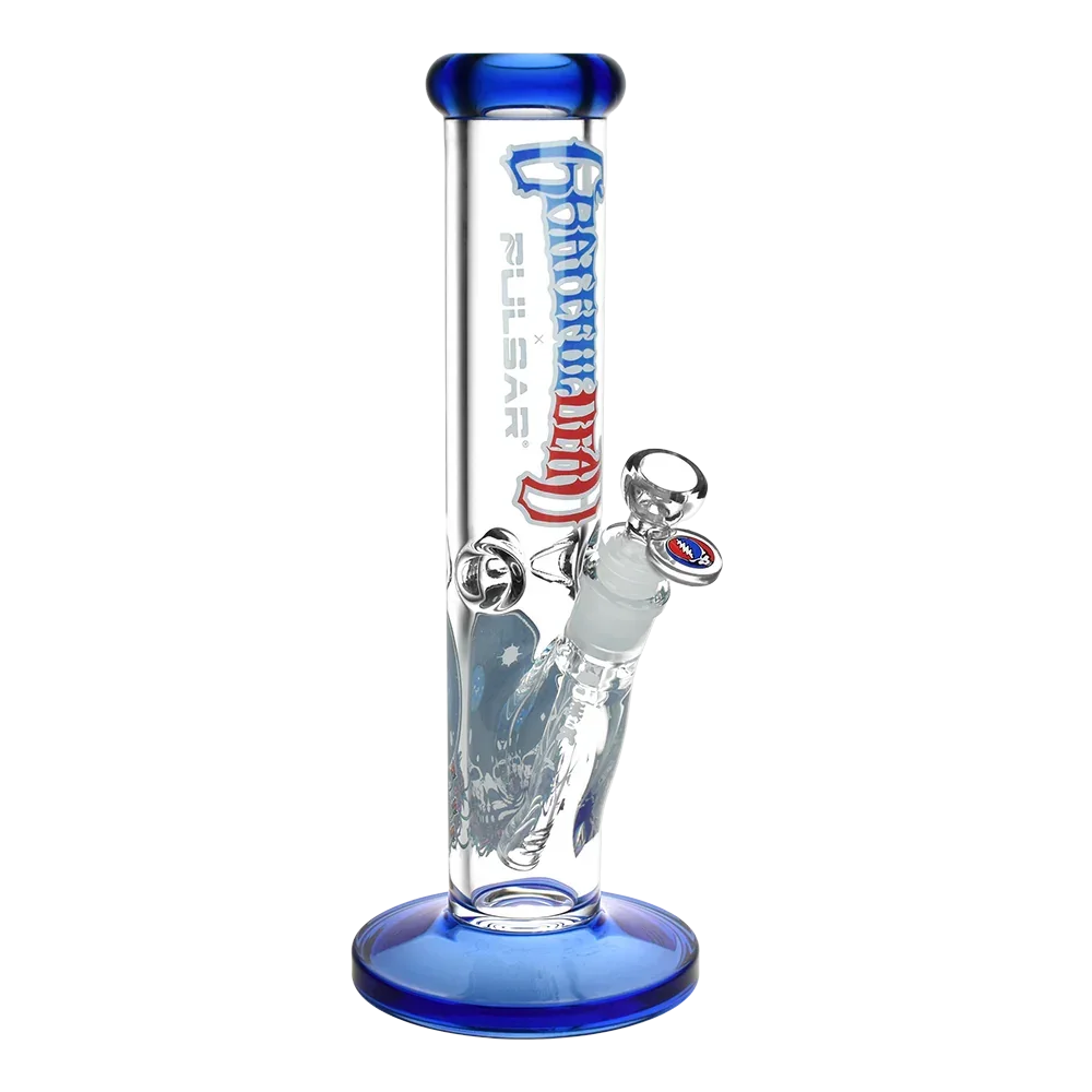 Clear glass water pipe with blue accents and Grateful Dead logo, premium smoking accessory