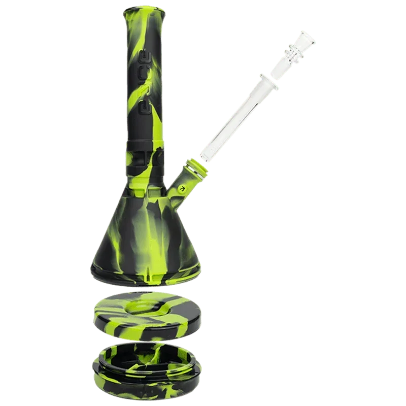 Green and black silicone beaker water pipe with glass downstem, detachable base, isolated on white