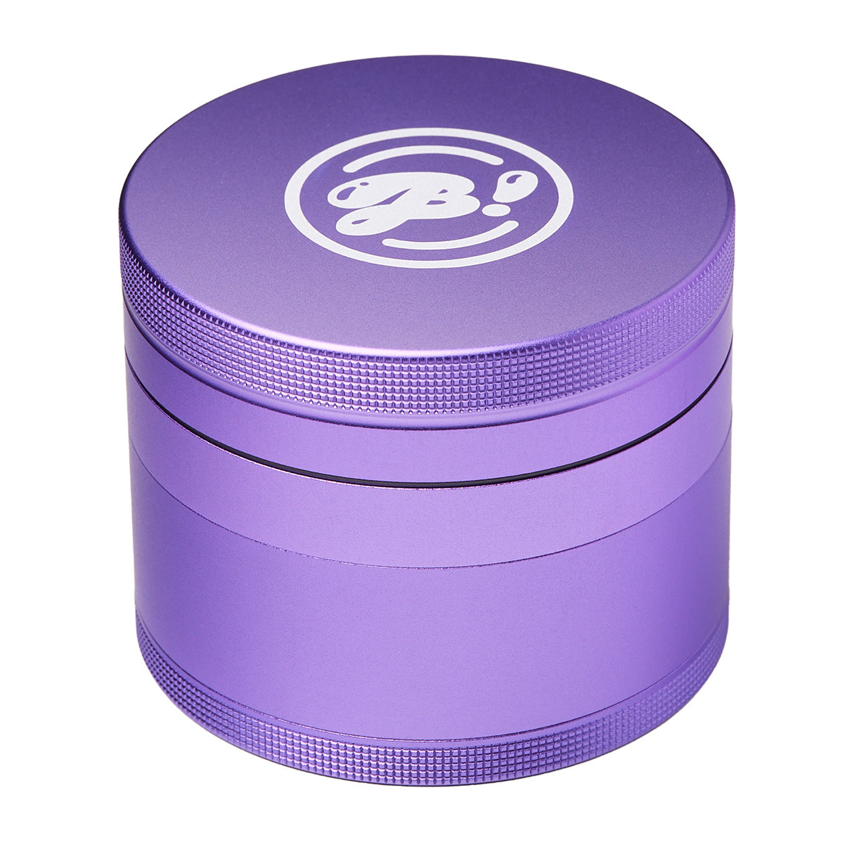 Purple metal herb grinder with textured grip and logo on the lid, isolated on white