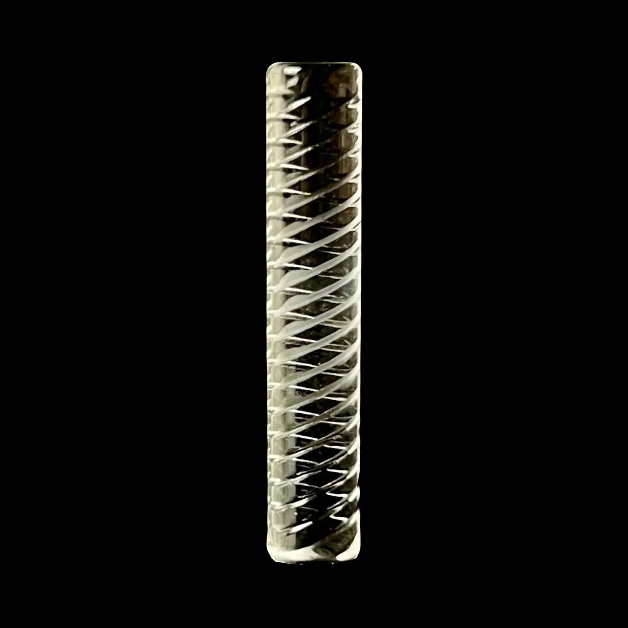 Clear glass smoking pipe with spiral design on black background