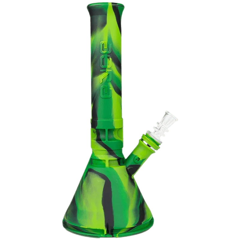 Green and black silicone water pipe with beaker base and glass bowl