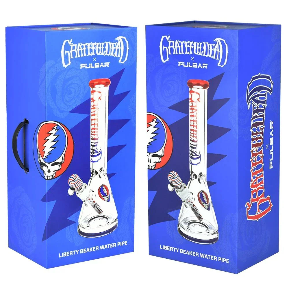 Grateful Dead Pulsar Liberty beaker water pipe in blue branded packaging