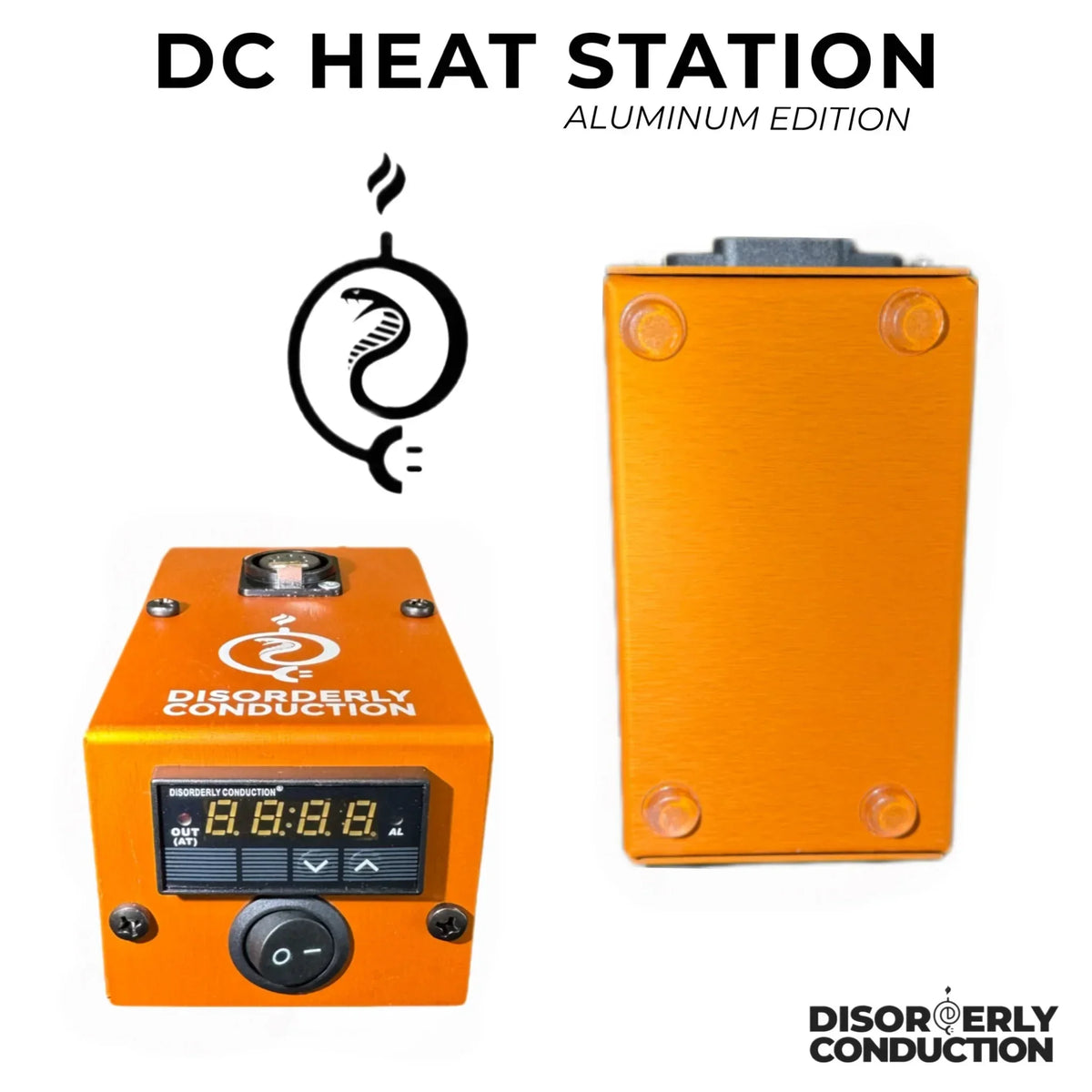 Orange aluminum DC Heat Station with digital display, logo, and control knob for temperature regulation.