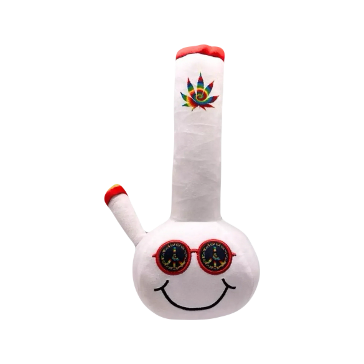 Plush bong toy with smiley face, red sunglasses, and colorful leaf emblem on neck
