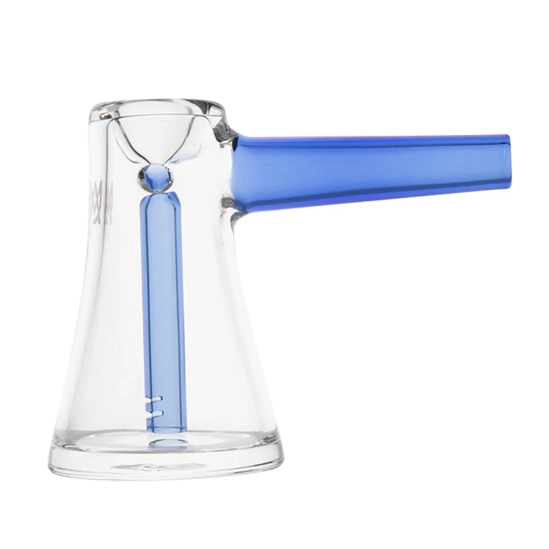 Clear and blue glass hand pipe with a horizontal mouthpiece and percolator design