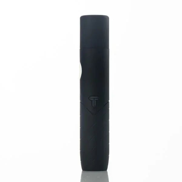 Black portable vaporizer pen with textured grip on white background