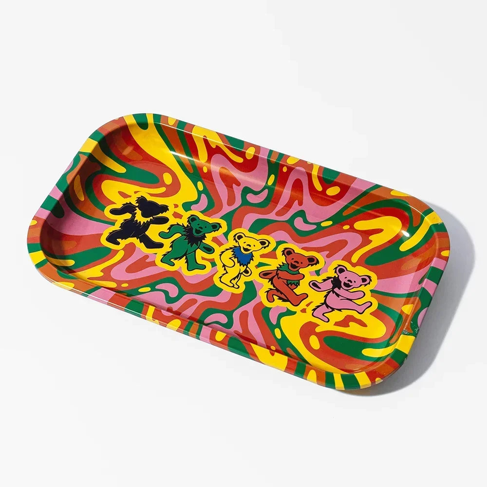 Colorful metal rolling tray with psychedelic swirl design and dancing bear graphics