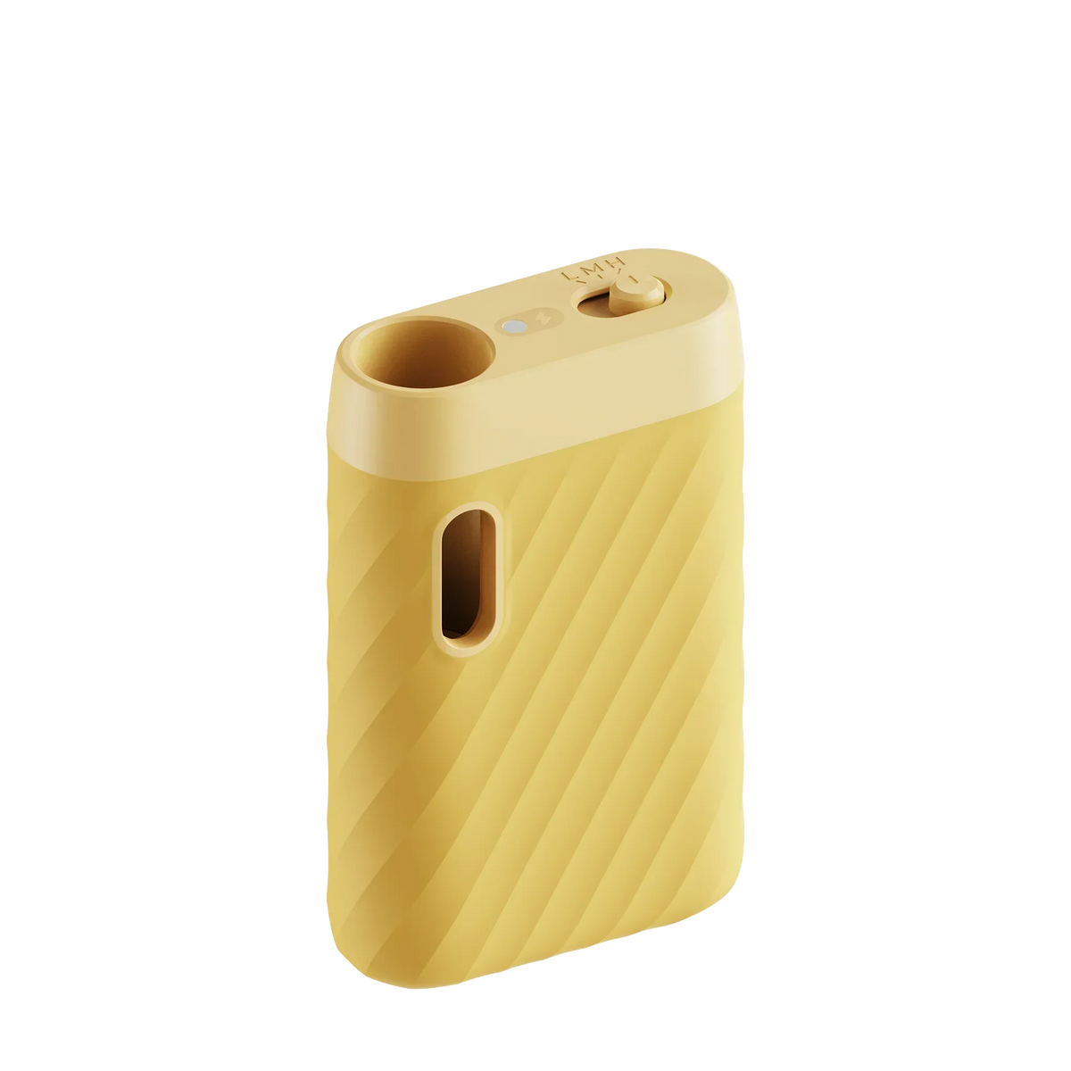 Yellow portable vaporizer with diagonal texture and visible control dial