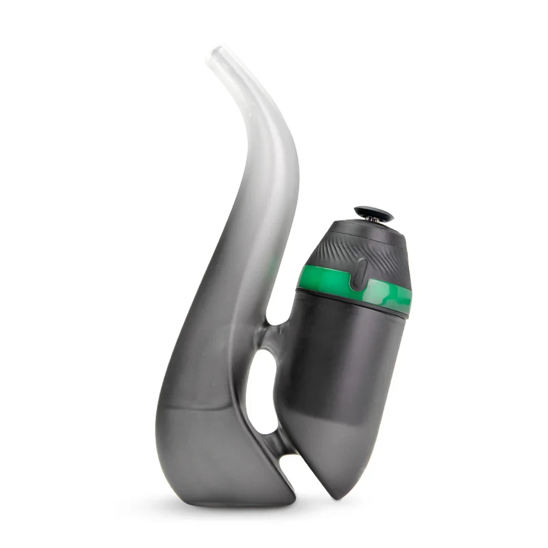 Modern glass vaporizer with curved mouthpiece and green accent, isolated on white background
