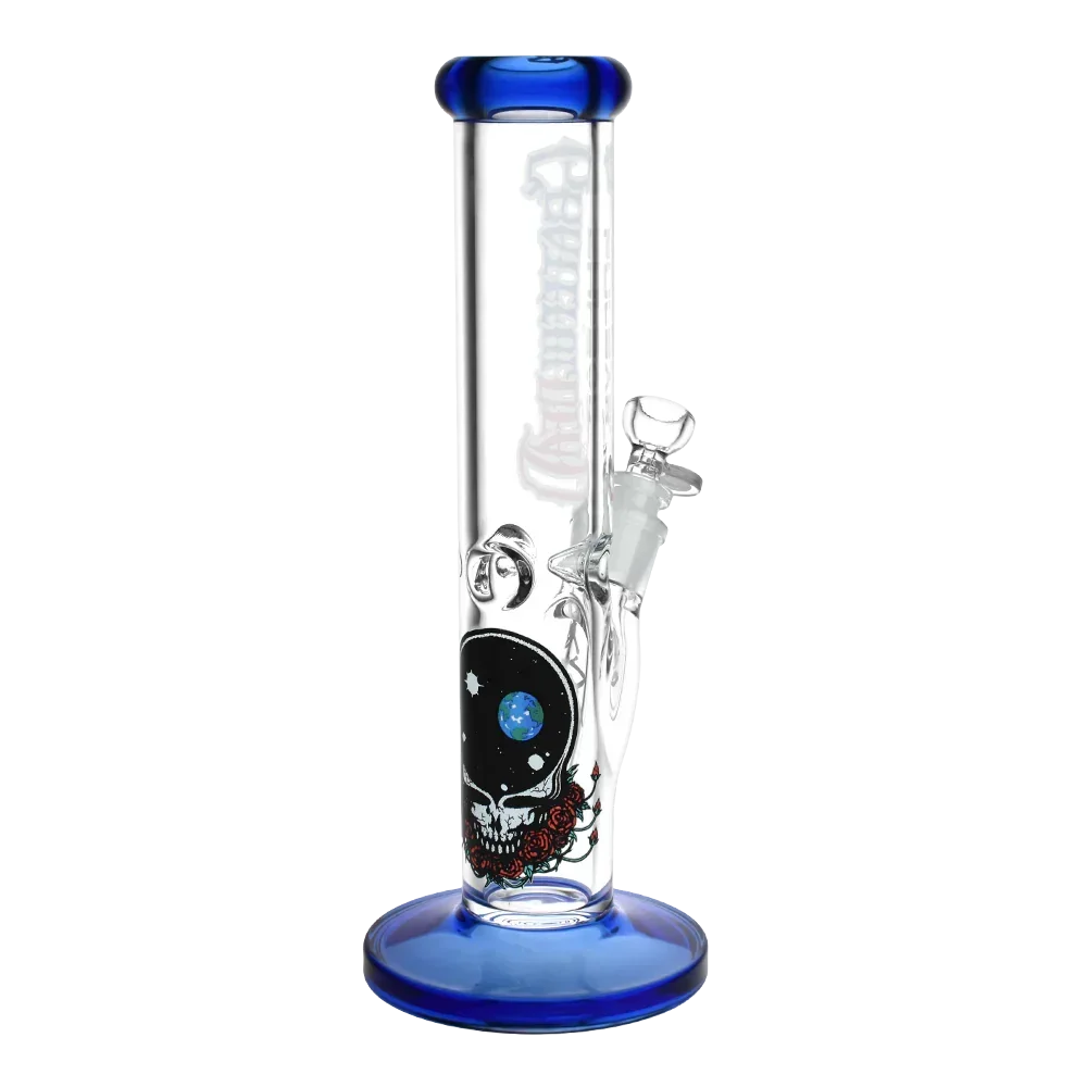 Clear glass water pipe with blue accents and skull, roses and space-themed artwork