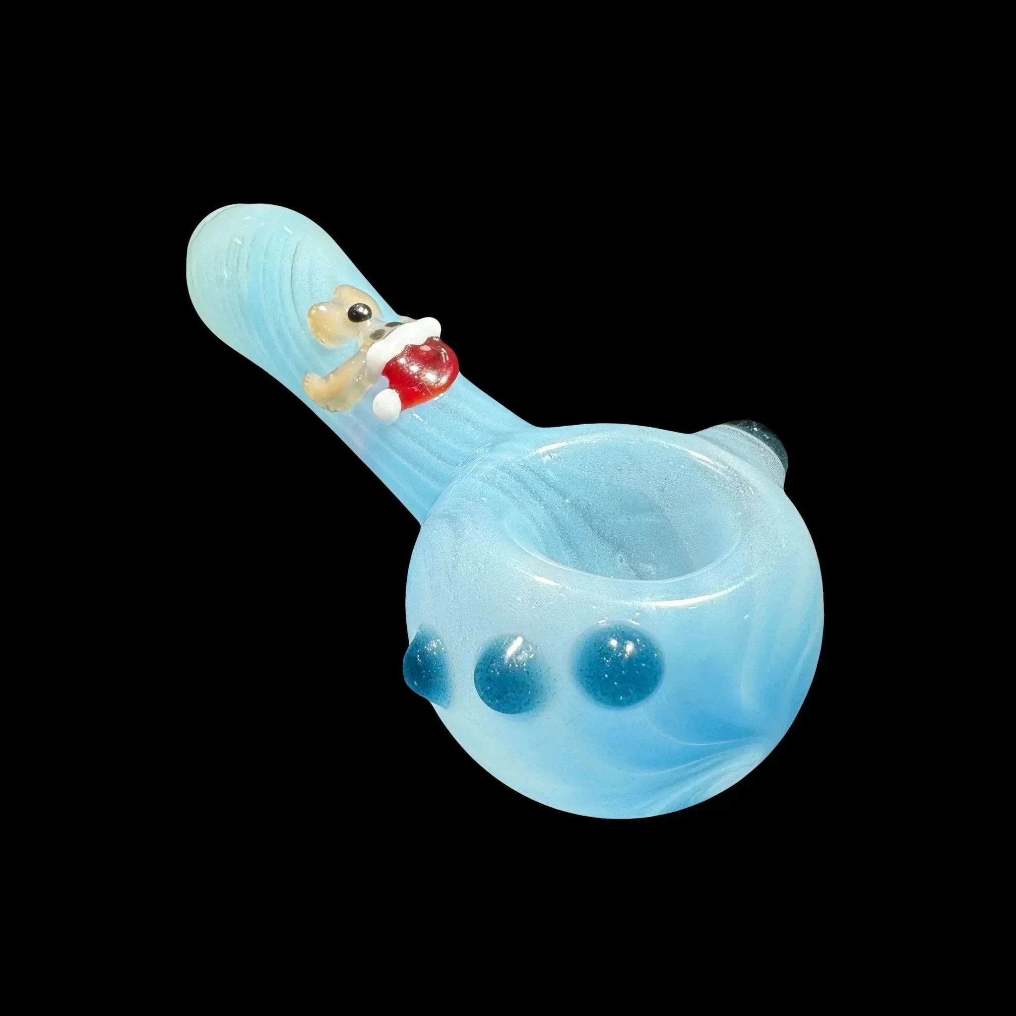 Light blue glass hand pipe with cartoon mouse and cheese design, isolated on black background