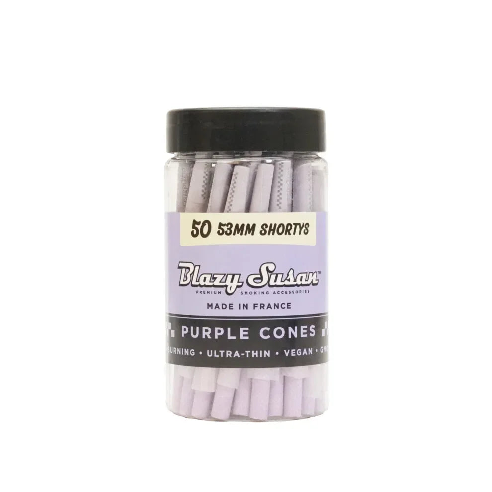 Blazy Susan 53mm Shortys purple cones jar, vegan ultra-thin rolling papers