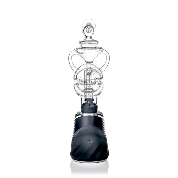Intricate clear glass vaporizer attachment on black base, suitable for concentrates
