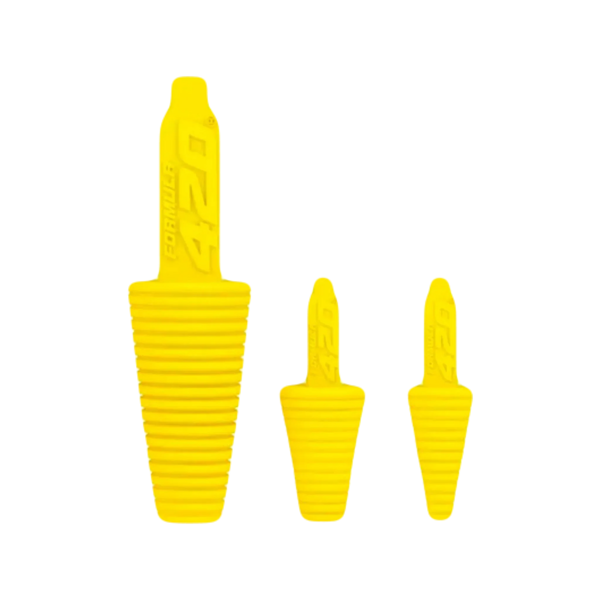 Three yellow silicone cleaning stoppers for glass pipes and water pipes, arranged by size.