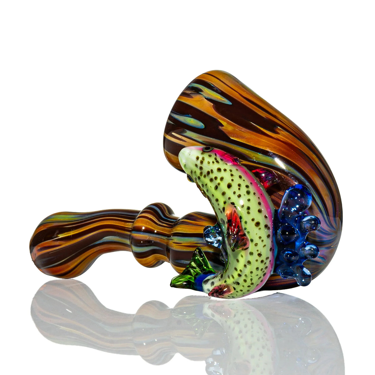 Rainbow hand-blown glass hand pipe with a trout design by Elks That Run x Nathan Belmont