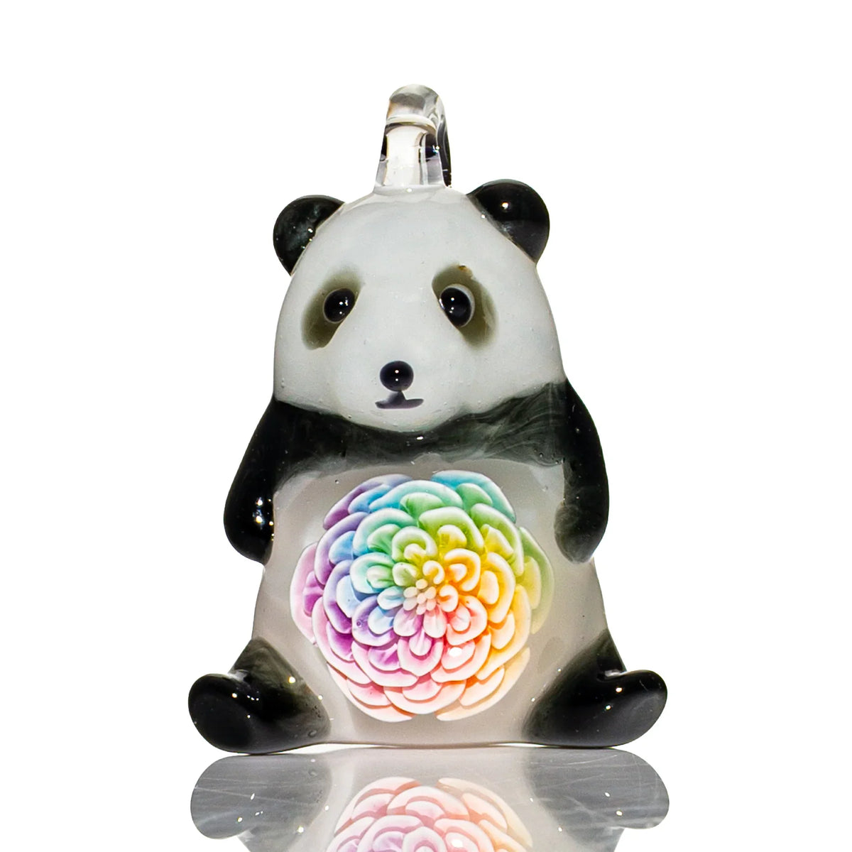 Hand-blown glass pendant with a panda design by Glass Azu