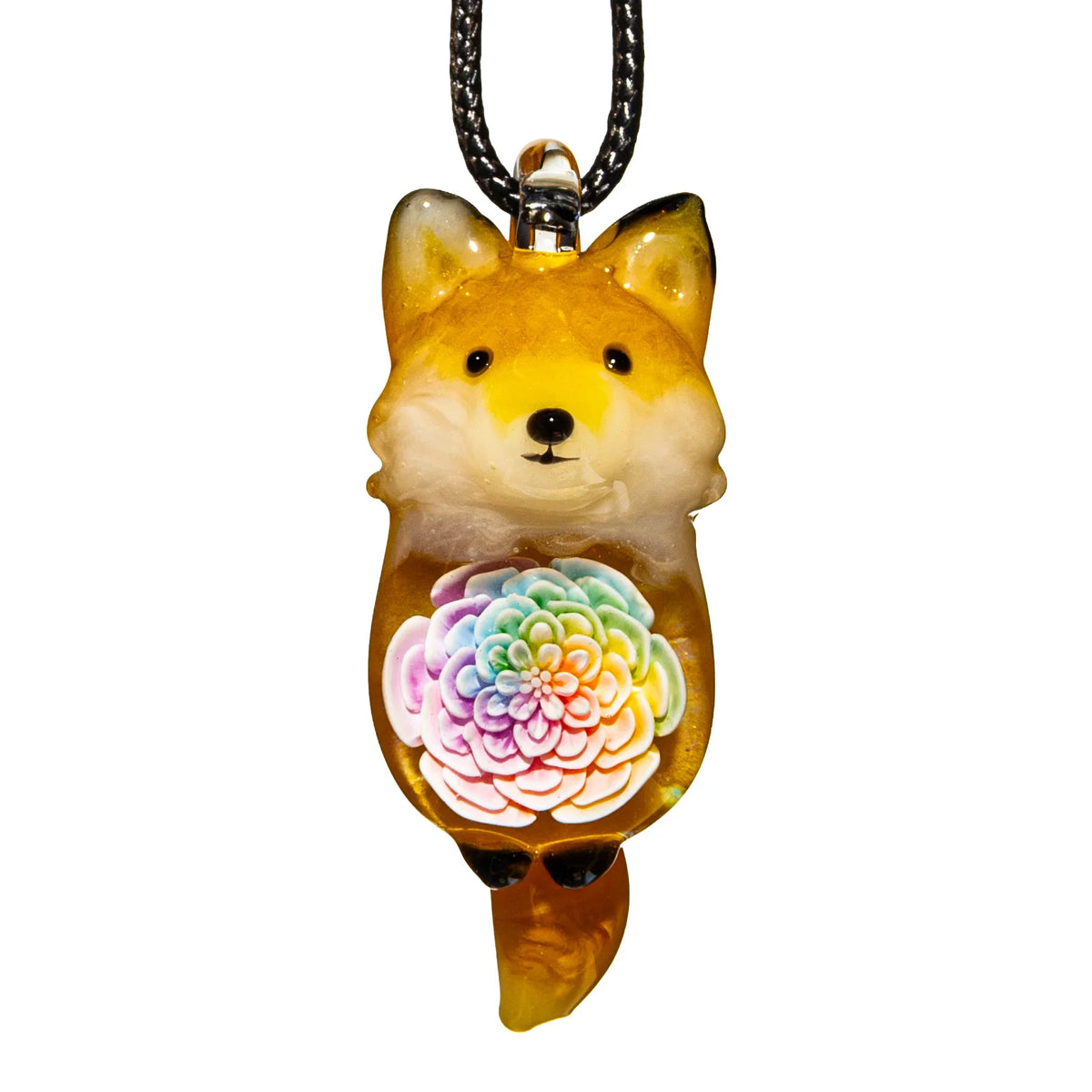 Hand-blown glass pendant with a fox design by Glass Azu