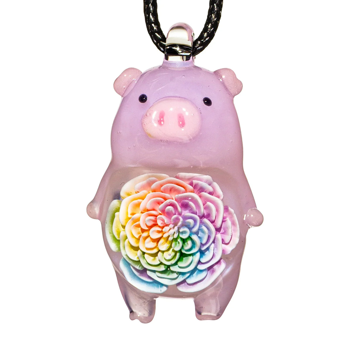 Hand-blown glass pendant with a pig design by Glass Azu
