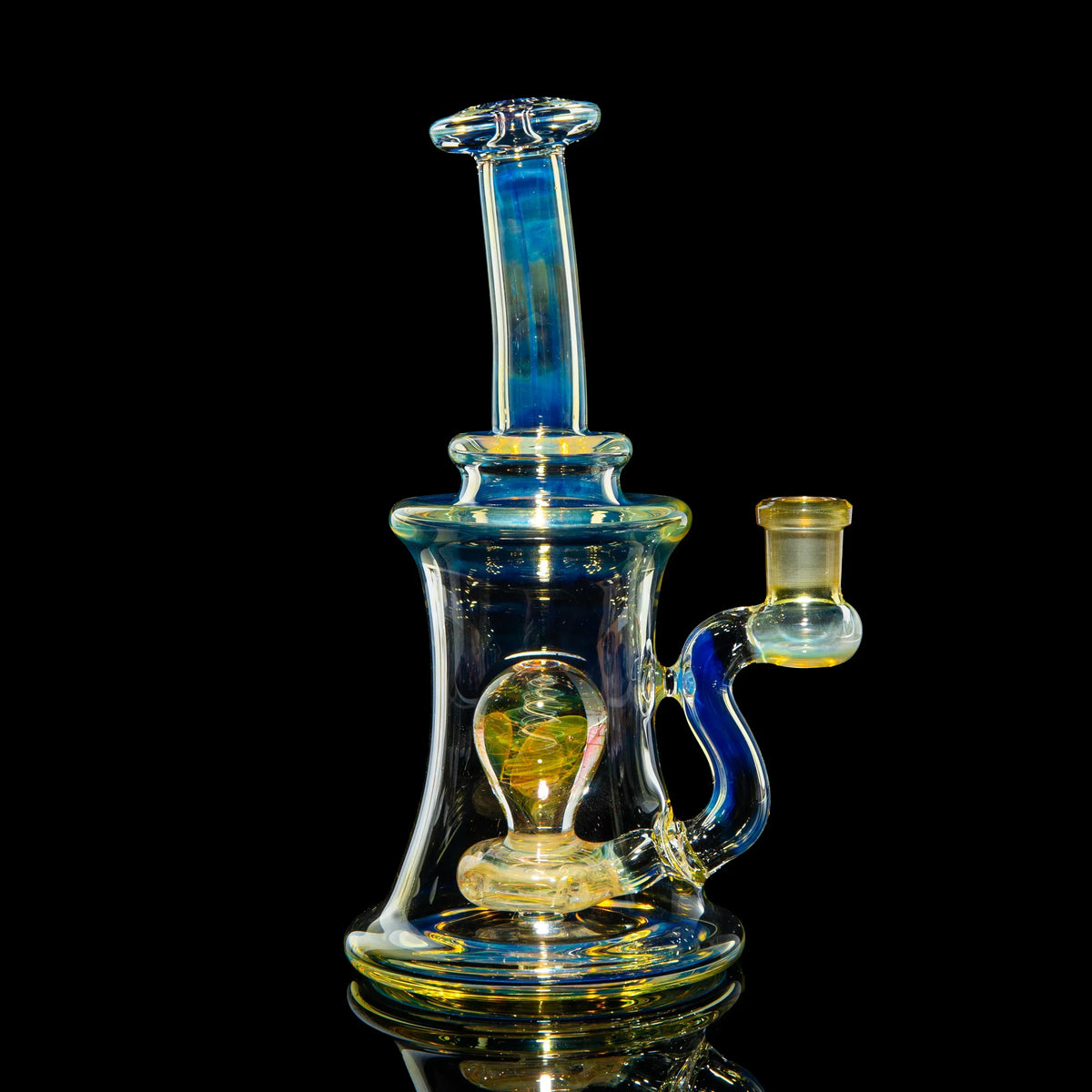 Heady glass water pipe with colorful accents on a black background, premium glass art