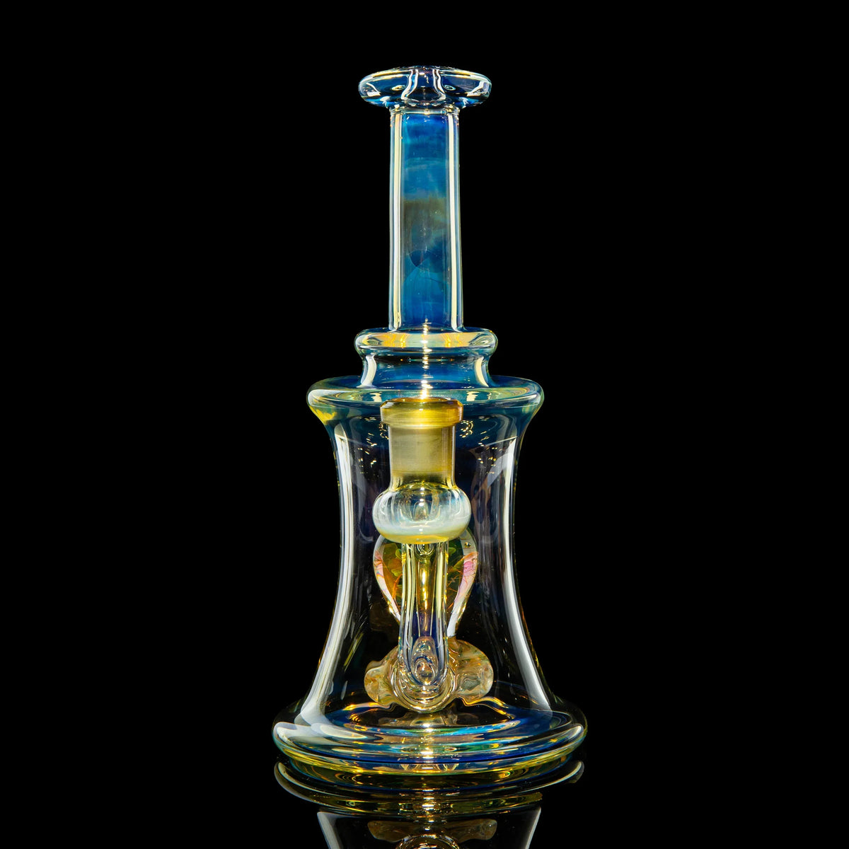 Heady glass water pipe with iridescent colors and intricate design on a black background