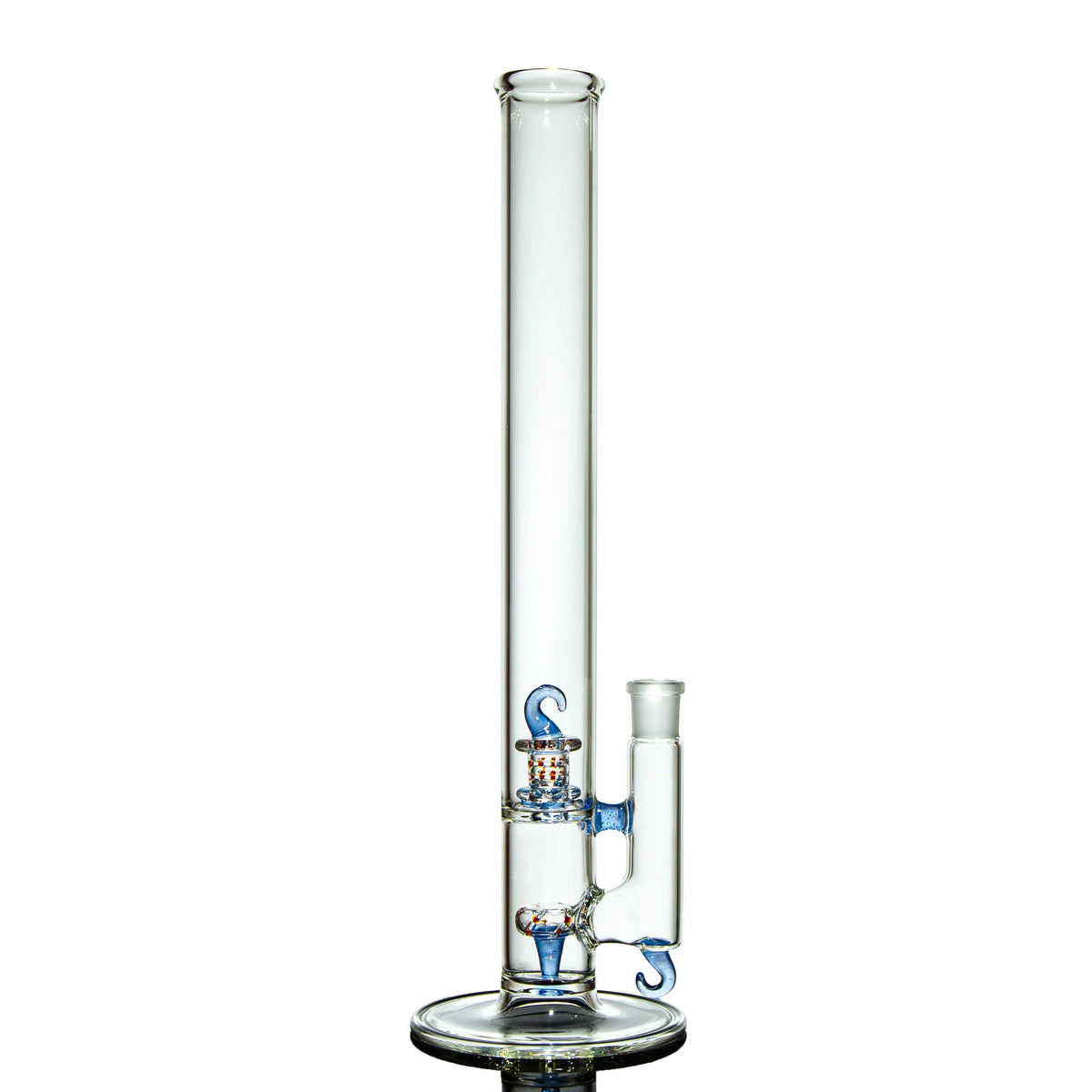 Clear glass bong with blue accents and intricate percolator on white background