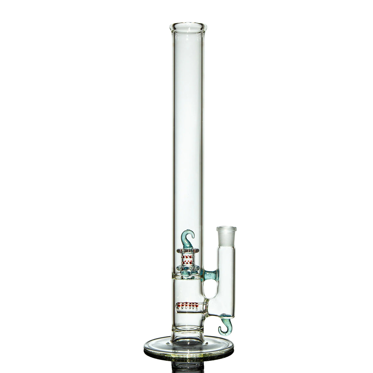 Clear glass water pipe with intricate percolators and teal glass accents on white background